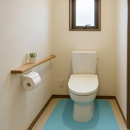 清潔なトイレと水色のトイレマット 清潔なトイレと水色のトイレマット