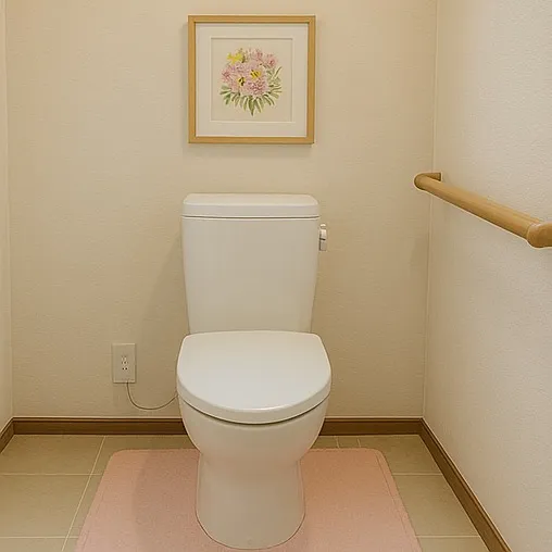 清潔なトイレと飾られている花の絵 清潔なトイレと飾られている花の絵